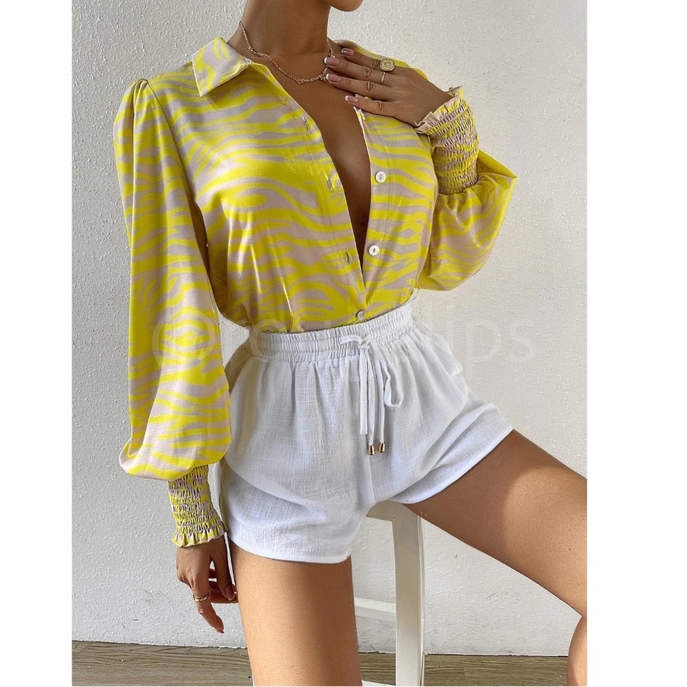 Zebra Stripes Print Yellow Beige Button Up Front Shirt Long Bishop Sleeves - Picture 6 of 8